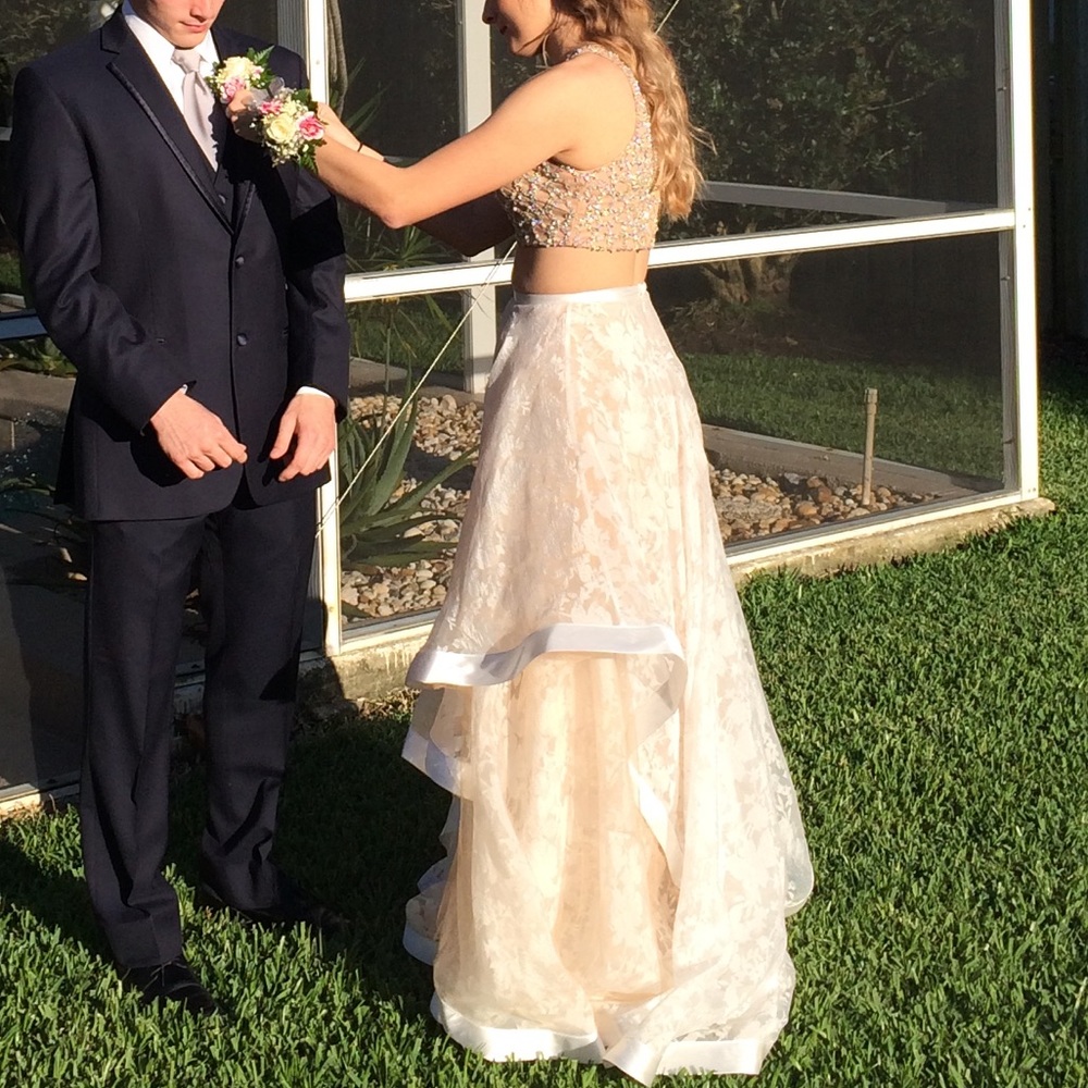 Two Piece Beaded Prom Crop Top and Illusion Skirt - Picture 2 of 8